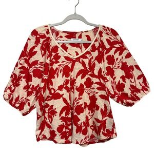 Chico's Women's Floral Linen Top Size 2 Large Cream Red V-Neck 3/4 Sleeve Blouse